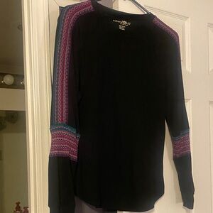 Natural Life Black Top with Purple and Teal Sleeves